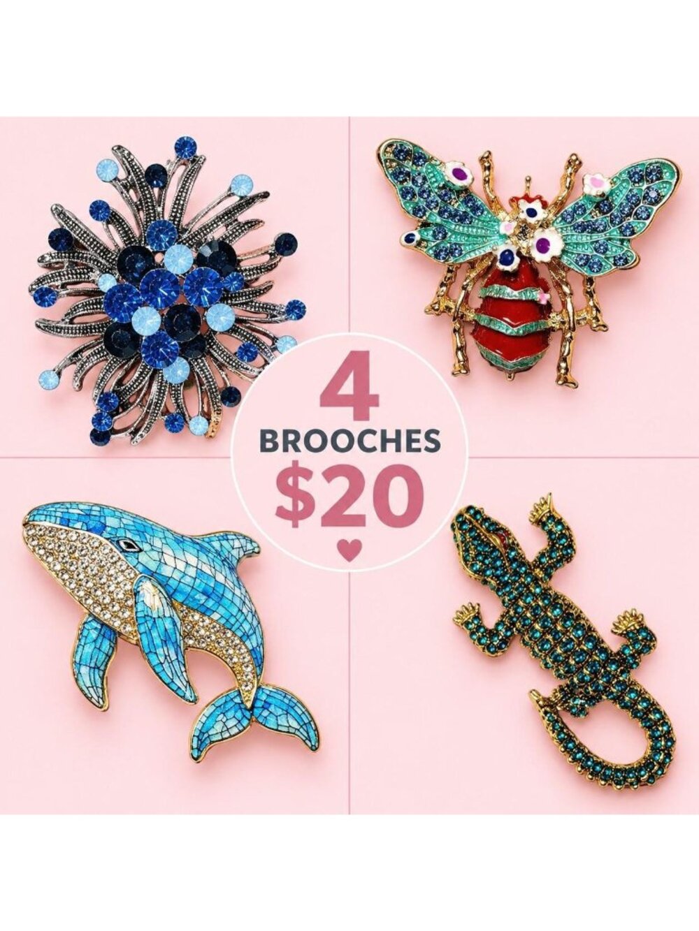 4 mixed brooches lot bundle alligator whale bumbble bee $20